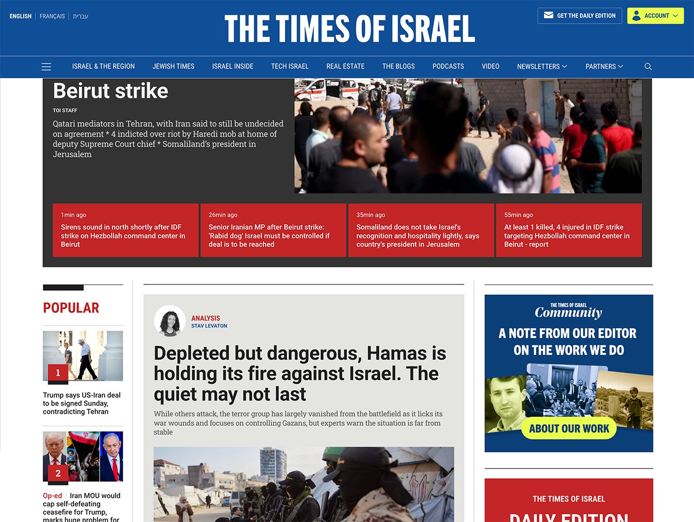 The Times of Israel homepage